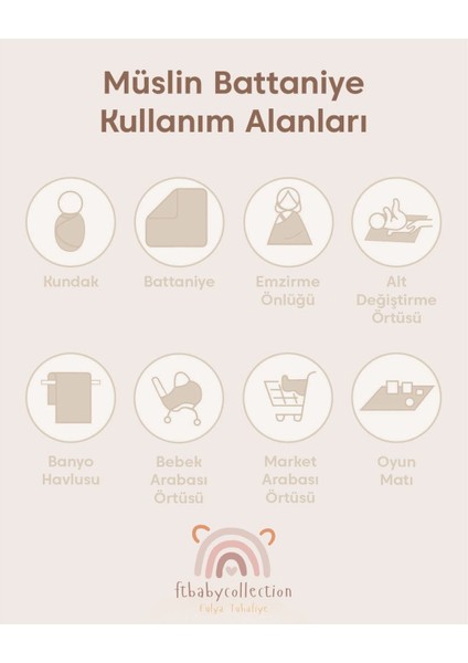 Ftbabycollection %100 Pamuk Müslin Bebek Battaniyesi Oeko-Tex Sertifikalı MÜSLIN ÖRTÜ 80X90 CM