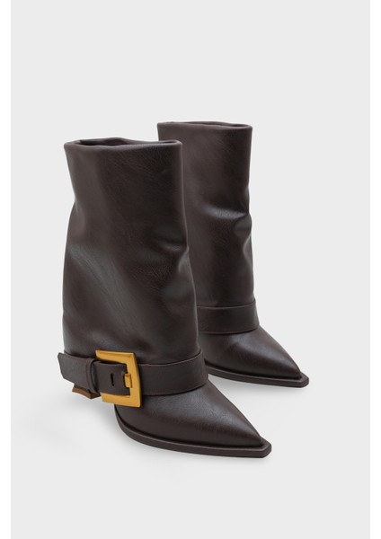 Kadın Sivri Burun Kemer Tokalı Topuklu Günlük Bot Hatiy Kahve