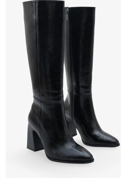 Kadın Sivri Burun Yandan Fermuarlı Topuklu Günlük Çizme Iroles Siyah