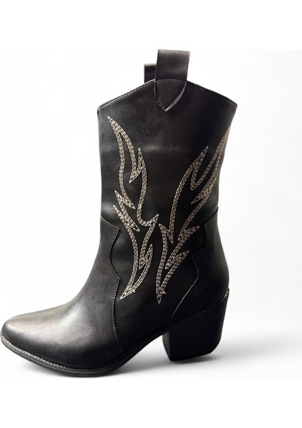 Kadın Sivri Burun Nakışlı Western Günlük Topuklu Bot Sovey Siyah