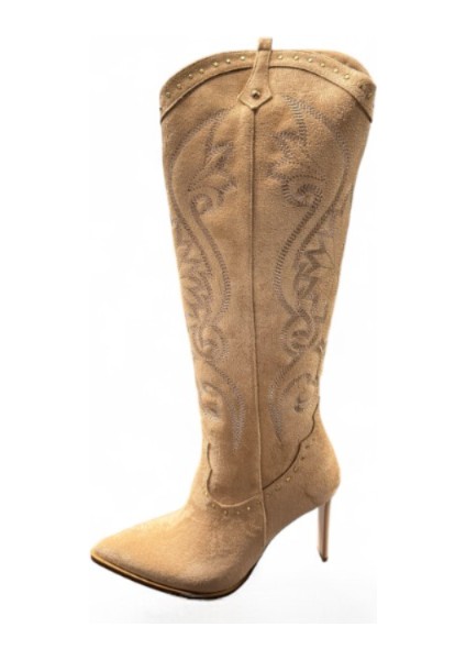 Kadın Sivri Burun Western Kovboy Topuklu Günlük Çizme Hislev Kahve