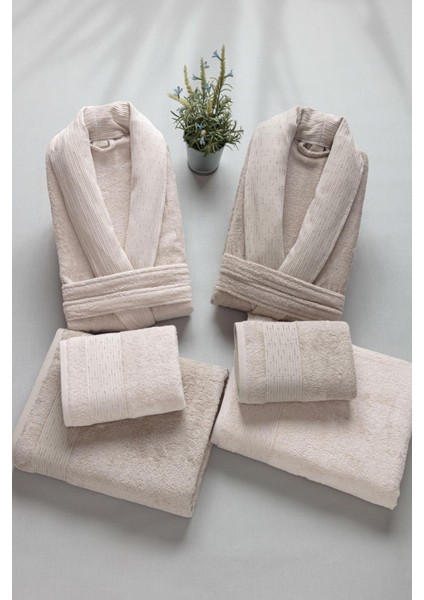 6 Parça Sedef Bambu Jakar Desenli Bornoz Seti Somon Koyu Bej