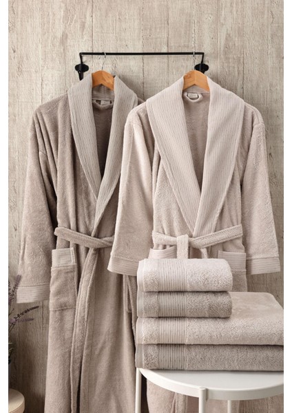 6 Parça Sedef Bambu Jakar Desenli Bornoz Seti Somon Koyu Bej fiyatları