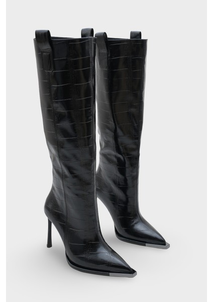 Kadın Kroko Sivri Burun Topuklu Günlük Çizme Elinos Siyah