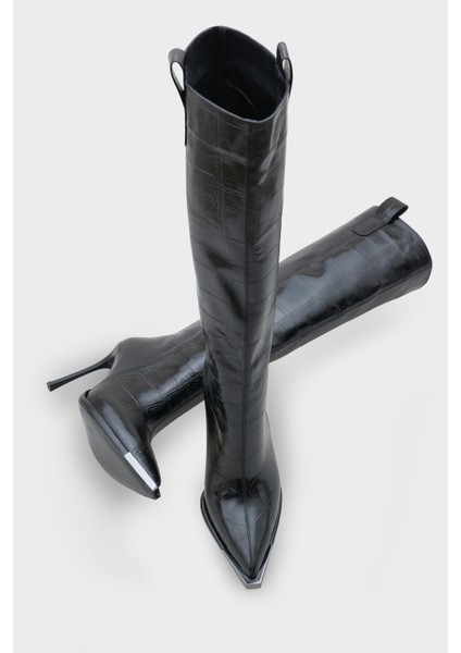 Kadın Kroko Sivri Burun Topuklu Günlük Çizme Elinos Siyah fiyatları