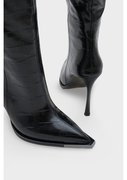 Kadın Kroko Sivri Burun Topuklu Günlük Çizme Elinos Siyah modelleri