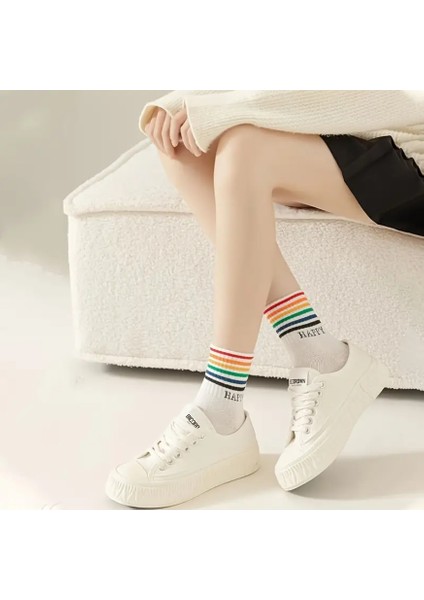 Unisex 6 Çift Tenis Çorabı Erkek Tenis Çorabı Kadın Tenis Çorabı Happy Beyaz Tenis Çorabı 38-44