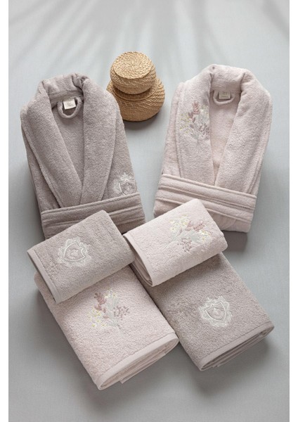 6 Parça Anatolia Nakışlı %100 Pamuk Bornoz Seti Pudra- Kapuçino
