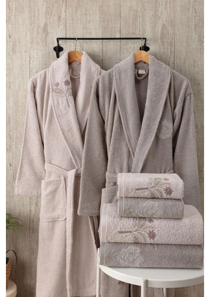 6 Parça Anatolia Nakışlı %100 Pamuk Bornoz Seti Pudra- Kapuçino fiyatları