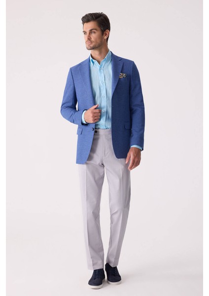 Erkek Mavi Regular Fit Keten Karışımlı Mono Yaka Ceket fiyatları