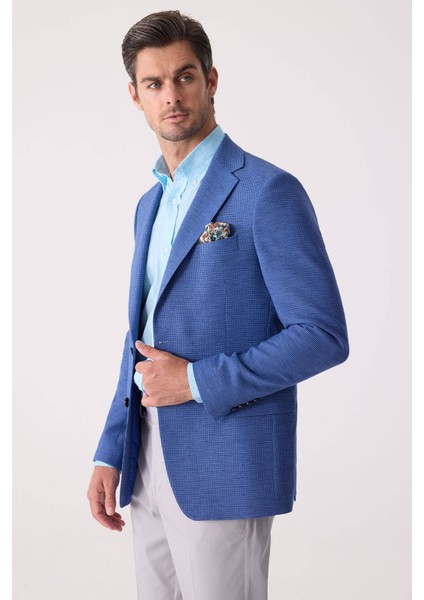 Erkek Mavi Regular Fit Keten Karışımlı Mono Yaka Ceket modelleri