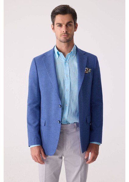 Erkek Mavi Regular Fit Keten Karışımlı Mono Yaka Ceket fırsatları