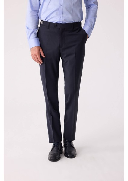 Erkek Lacivert Regular Fit Yün Karışımlı Kumaş Pantolon
