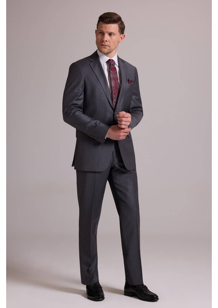 Erkek Gri Çizgili Regular Fit Mono Yaka %100 Yün Çizgili Takım Elbise