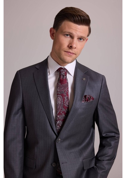 Erkek Gri Çizgili Regular Fit Mono Yaka %100 Yün Çizgili Takım Elbise fiyatları