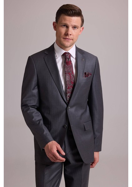 Erkek Gri Çizgili Regular Fit Mono Yaka %100 Yün Çizgili Takım Elbise fırsatları