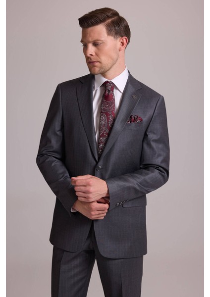 Erkek Gri Çizgili Regular Fit Mono Yaka %100 Yün Çizgili Takım Elbise indirimleri