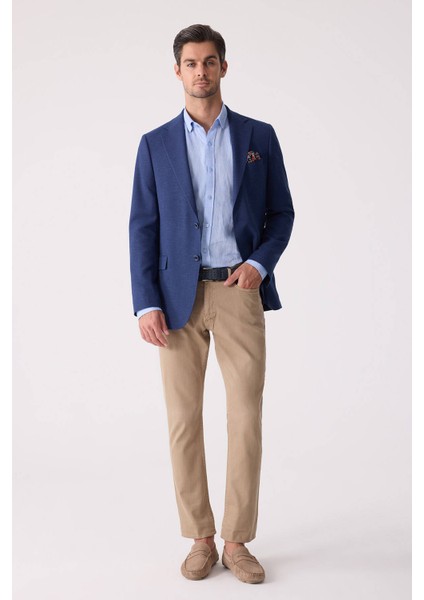 Erkek Lacivert Regular Fit Keten Karışımlı Mono Yaka Ceket