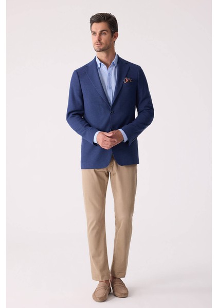 Erkek Lacivert Regular Fit Keten Karışımlı Mono Yaka Ceket fiyatları