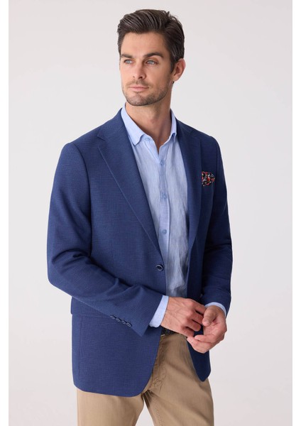 Erkek Lacivert Regular Fit Keten Karışımlı Mono Yaka Ceket modelleri