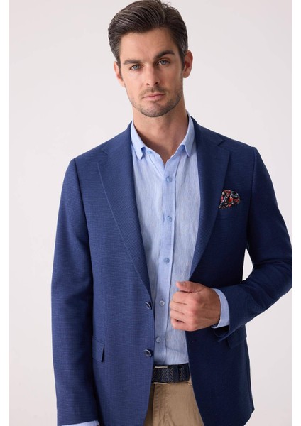 Erkek Lacivert Regular Fit Keten Karışımlı Mono Yaka Ceket fırsatları