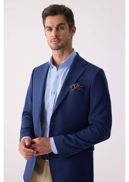 Erkek Lacivert Regular Fit Keten Karışımlı Mono Yaka Ceket indirimleri