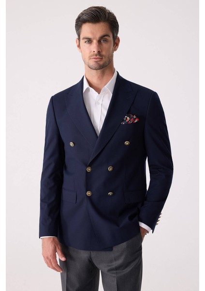 Erkek Lacivert Regular Fit Yün Puntolu Kruvaze Blazer Ceket