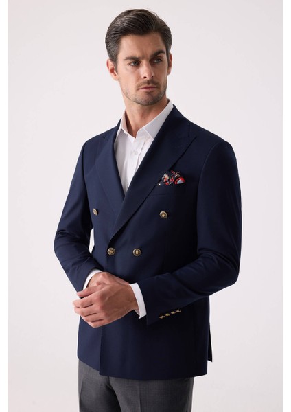 Erkek Lacivert Regular Fit Yün Puntolu Kruvaze Blazer Ceket fiyatları