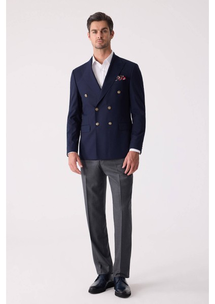 Erkek Lacivert Regular Fit Yün Puntolu Kruvaze Blazer Ceket modelleri
