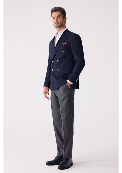 Erkek Lacivert Regular Fit Yün Puntolu Kruvaze Blazer Ceket fırsatları
