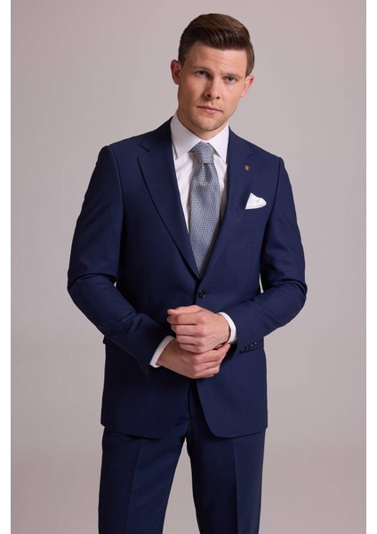 Erkek Lacivert Regular Fit Kareli Yün Mono Yakalı Takım Elbise