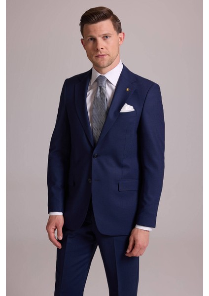 Erkek Lacivert Regular Fit Kareli Yün Mono Yakalı Takım Elbise fiyatları