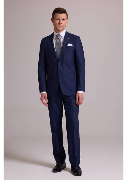 Erkek Lacivert Regular Fit Kareli Yün Mono Yakalı Takım Elbise modelleri