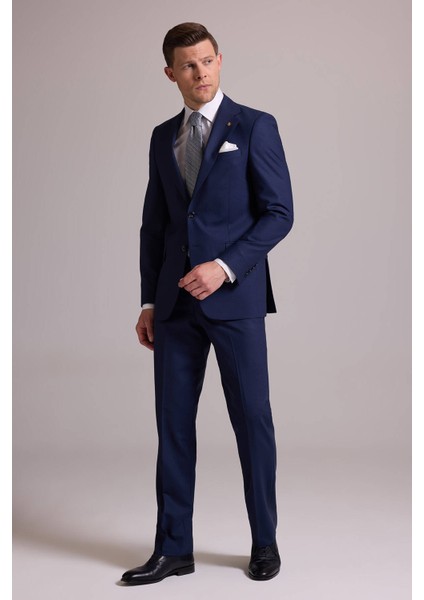 Erkek Lacivert Regular Fit Kareli Yün Mono Yakalı Takım Elbise fırsatları
