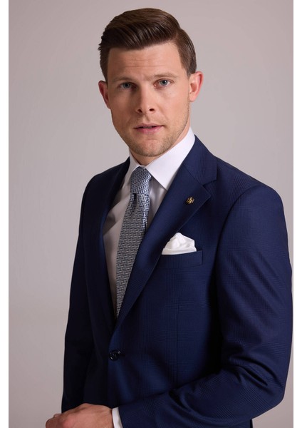 Erkek Lacivert Regular Fit Kareli Yün Mono Yakalı Takım Elbise indirimleri