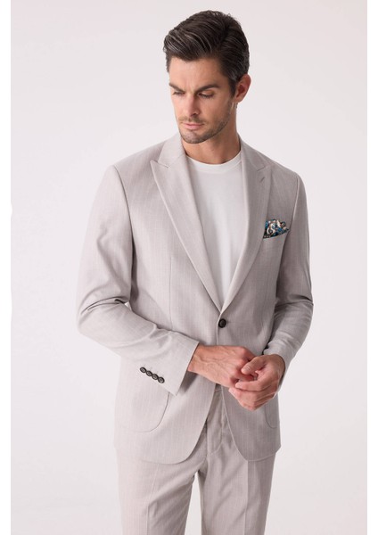 Erkek Bej Slim Fit Çizgili Torba Cep Jogger Pantolonlu Sivri Yaka Takım Elbise fiyatları