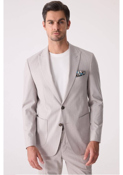 Erkek Bej Slim Fit Çizgili Torba Cep Jogger Pantolonlu Sivri Yaka Takım Elbise indirimleri