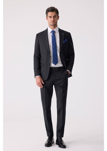 Erkek Siyah Slim Fit Çizgili %100 Yün Takım Elbise