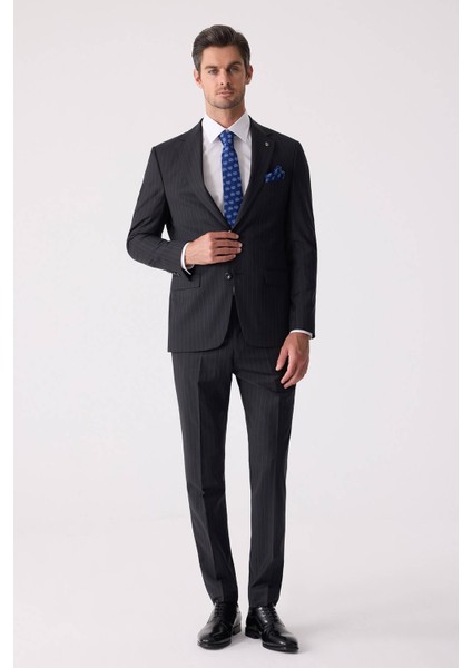 Erkek Siyah Slim Fit Çizgili %100 Yün Takım Elbise fiyatları