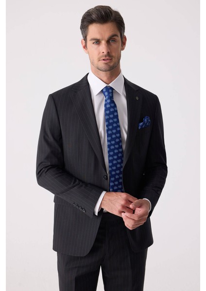 Erkek Siyah Slim Fit Çizgili %100 Yün Takım Elbise modelleri