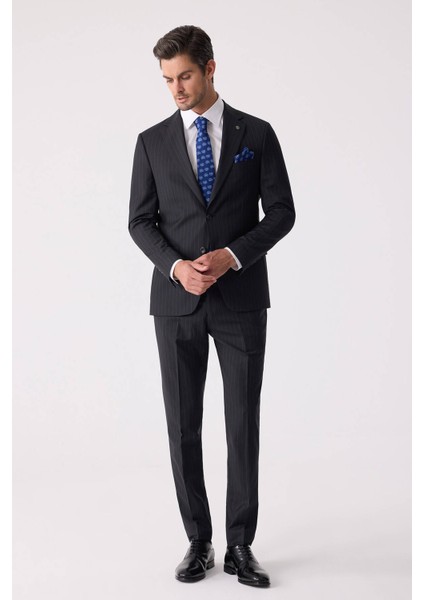 Erkek Siyah Slim Fit Çizgili %100 Yün Takım Elbise indirimleri
