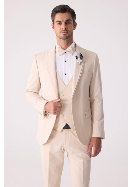 Erkek Slim Fit Sivri Yaka Yelekli Damatlık