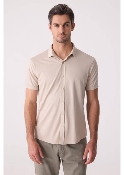Erkek Bej Merserize Kısa Kol Gömlek