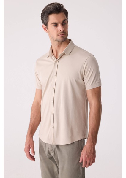 Erkek Bej Merserize Kısa Kol Gömlek modelleri
