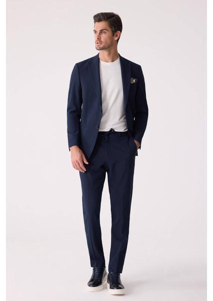 Erkek Lacivert Slim Fit Torba Cep Çizgili Jogger Pantolonlu Sivri Yaka Takım Elbise indirimleri