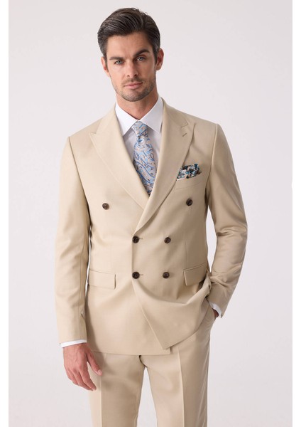 Erkek Krem Erkek Krem Slim Fit Yün Kruvaze Takım Elbise indirimleri