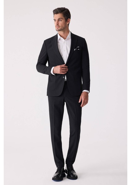 Erkek Siyah Slim Fit Torba Cep Çizgili Jogger Pantolonlu Sivri Yaka Takım Elbise fiyatları