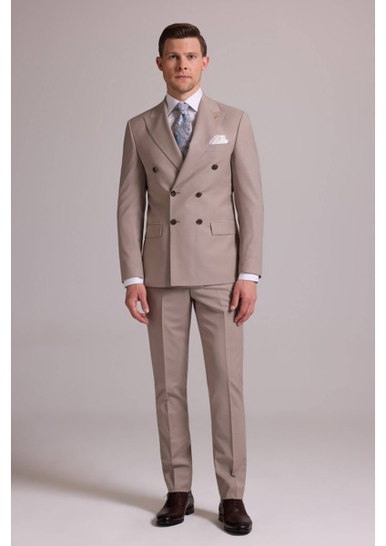 Erkek Krem Slim Fit Kruvaze %100 Yün Takım Elbise