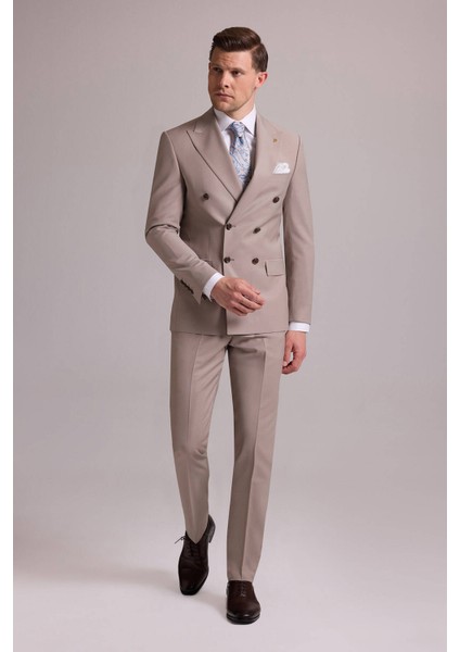 Erkek Krem Slim Fit Kruvaze %100 Yün Takım Elbise fiyatları