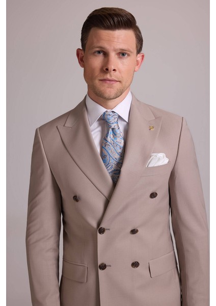 Erkek Krem Slim Fit Kruvaze %100 Yün Takım Elbise modelleri